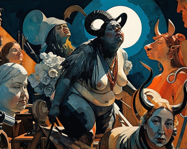 Dynamic Artistic Scene with Tribal Figures and Emotion