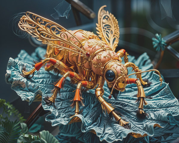 Artistic Representation of a Robotic Bee on a Leaf