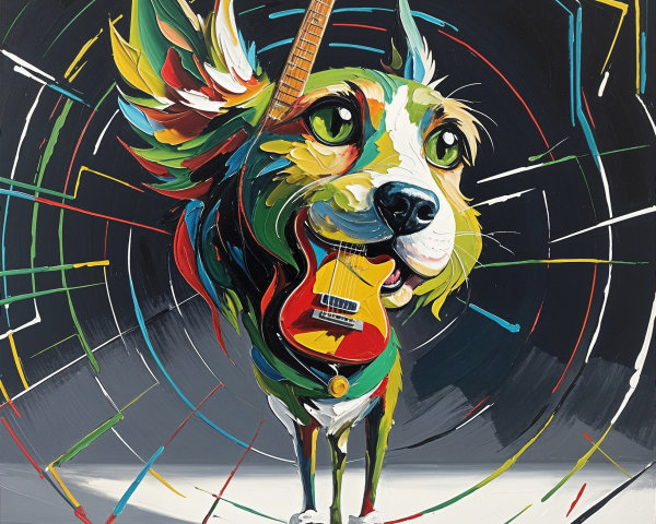 Colorful Painting of Playful Dog with Guitar