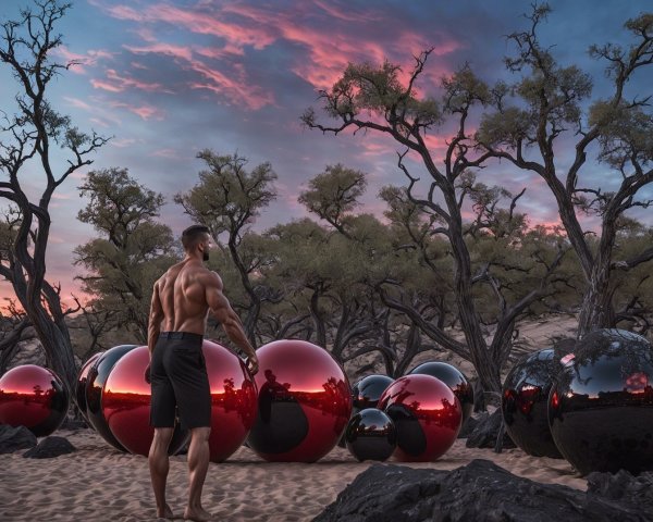 Surreal Desert Landscape with Reflective Spheres at Sunset