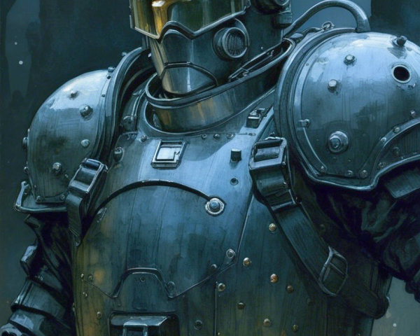 Armored Figure in Dark Industrial Setting