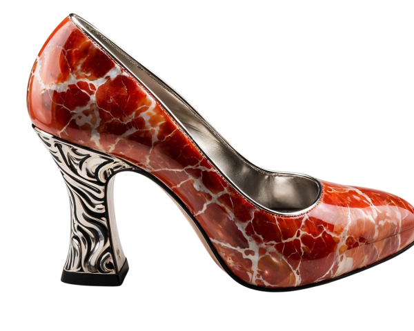 Glossy Red and White Marble High-Heeled Shoe Design