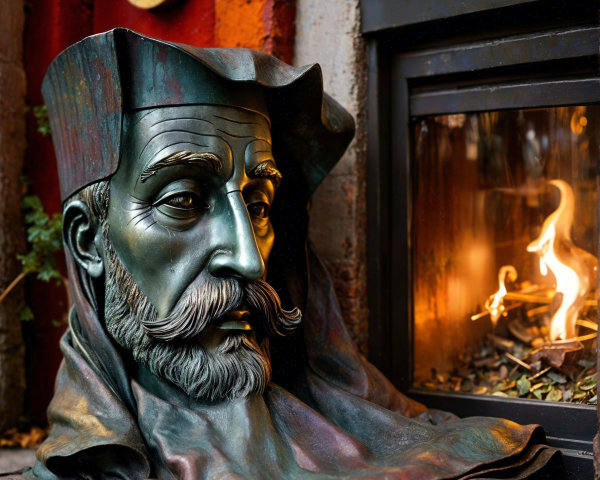 Bronze Sculpture of Thoughtful Man by Fireplace