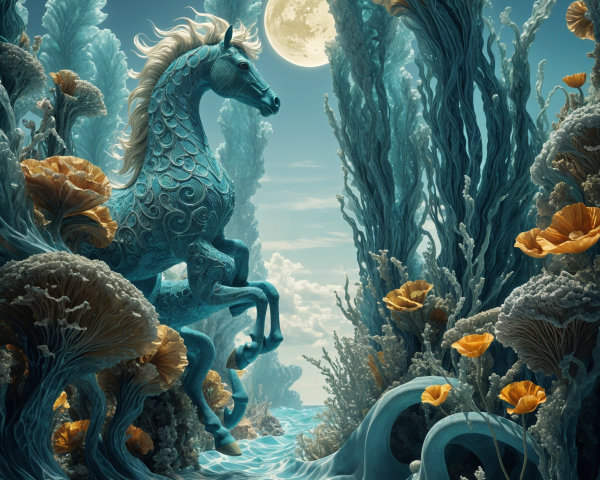 Underwater Scene with Majestic Horse and Coral