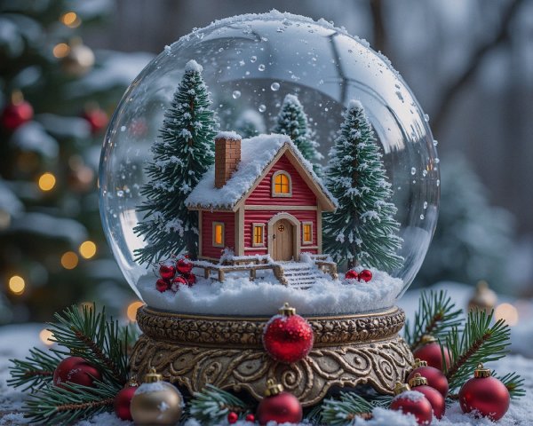 Charming Snow Globe with Red House and Winter Scene