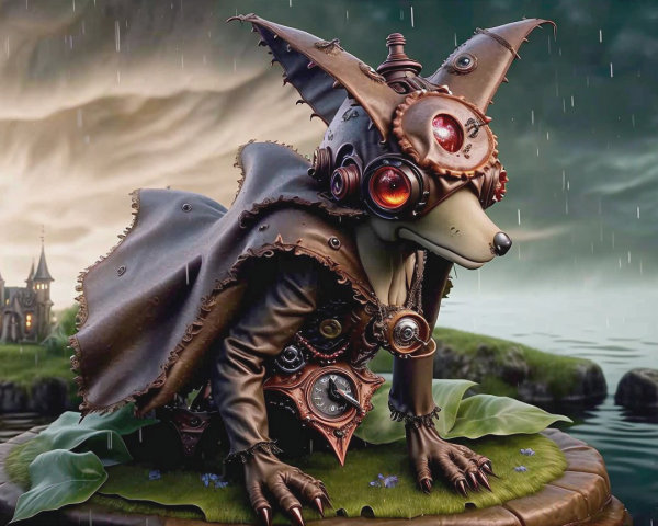 Steampunk Fox Figure in Mystical Landscape Setting