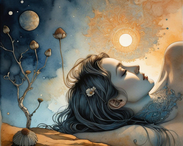 Dreamlike Illustration of a Woman on Sandy Surface