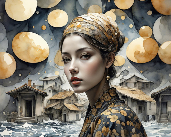 Serene Woman in Floral Attire with Golden Moons