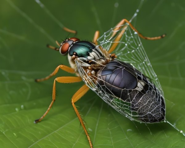 Colorful Insect in Spider Web on Green Leaf