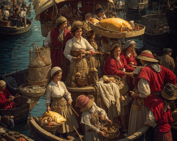 Harbor Scene with Women in Period Attire and Vendors