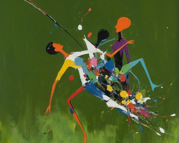 Abstract Artwork of Two Stylized Figures in Motion