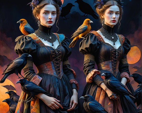 Elegant women in ornate dresses with ravens and moonlight