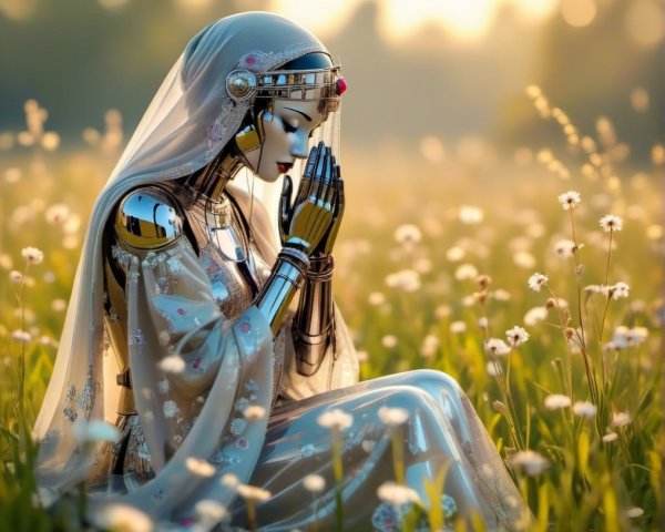 Robotic Figure in Wildflower Field with Prayer Pose
