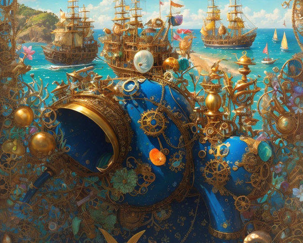 Whimsical Seascape with Detailed Ships and Diving Helmet