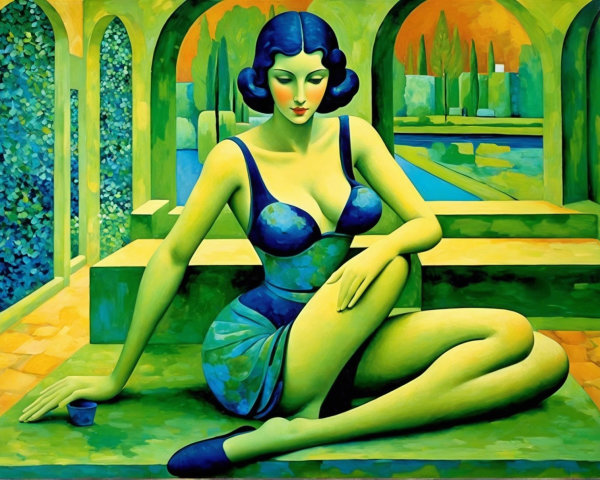Stylized Green-Hued Woman in Serene Garden Setting