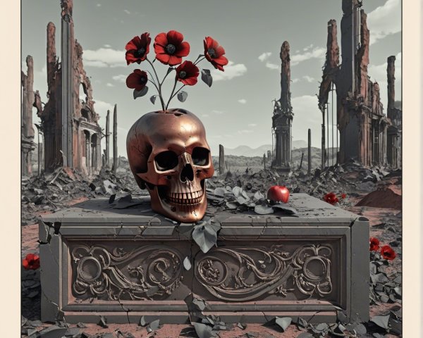Polished Skull in Ruins with Red Poppies and Apple