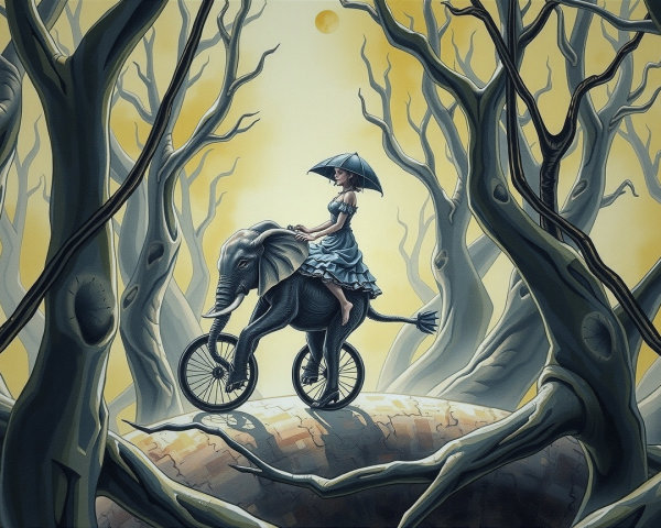 Surreal Scene of a Girl Riding an Elephant on a Bicycle