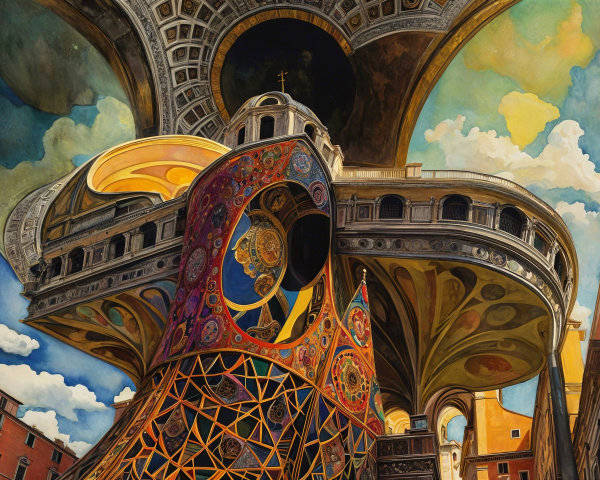 Imaginative Architectural Scene with Vibrant Patterns
