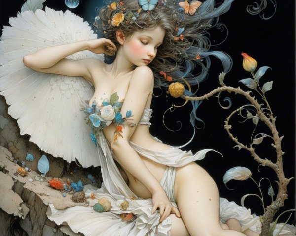 Serene Figure in Dreamy Landscape with Cosmic Background
