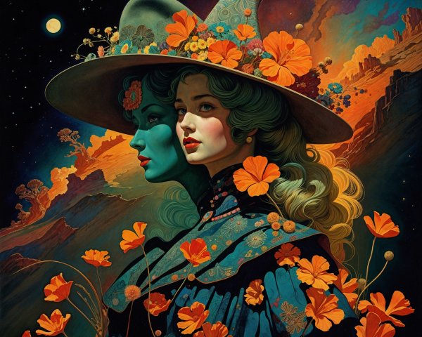 Mystical Artwork of Intertwined Female Faces and Nature