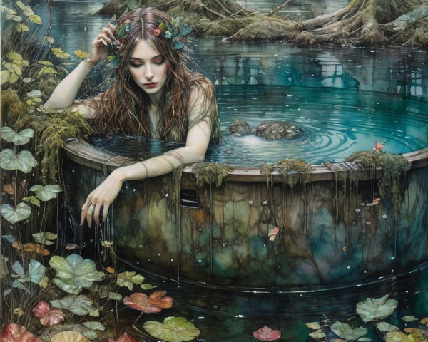 Serene Maiden in Wooden Tub Surrounded by Nature