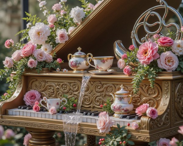 Golden Piano Decorated with Pink Roses and Teacups