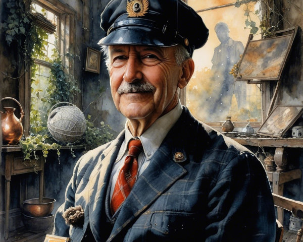 Elderly Man in Vintage Uniform in Rustic Room