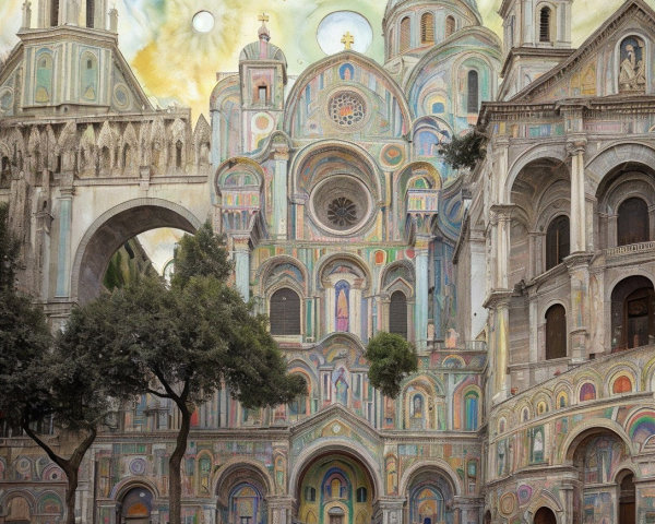 Vibrant Cathedral with Colorful Frescoes and Visitors