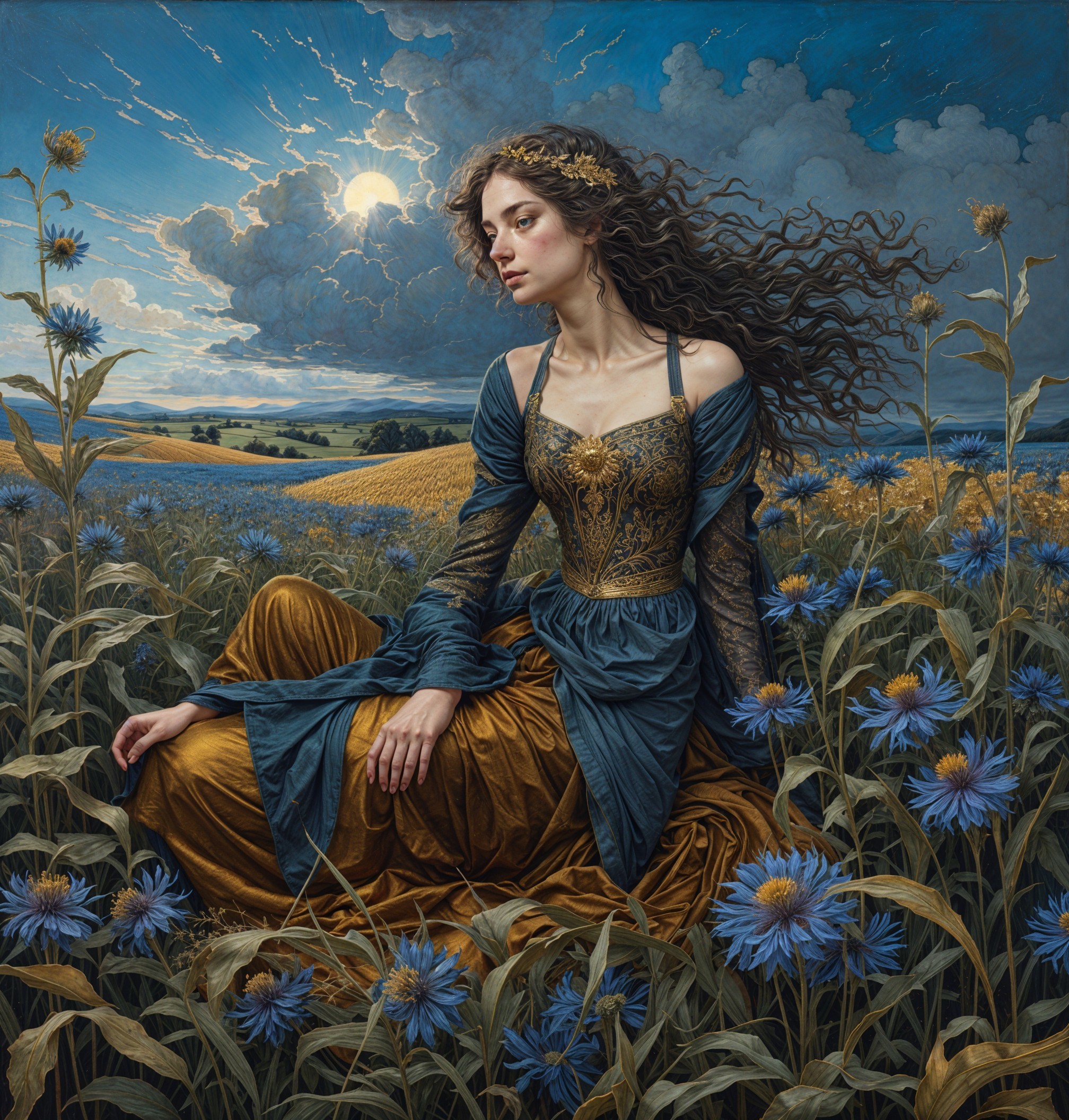 Serene figure in blue gown among blooming flowers
