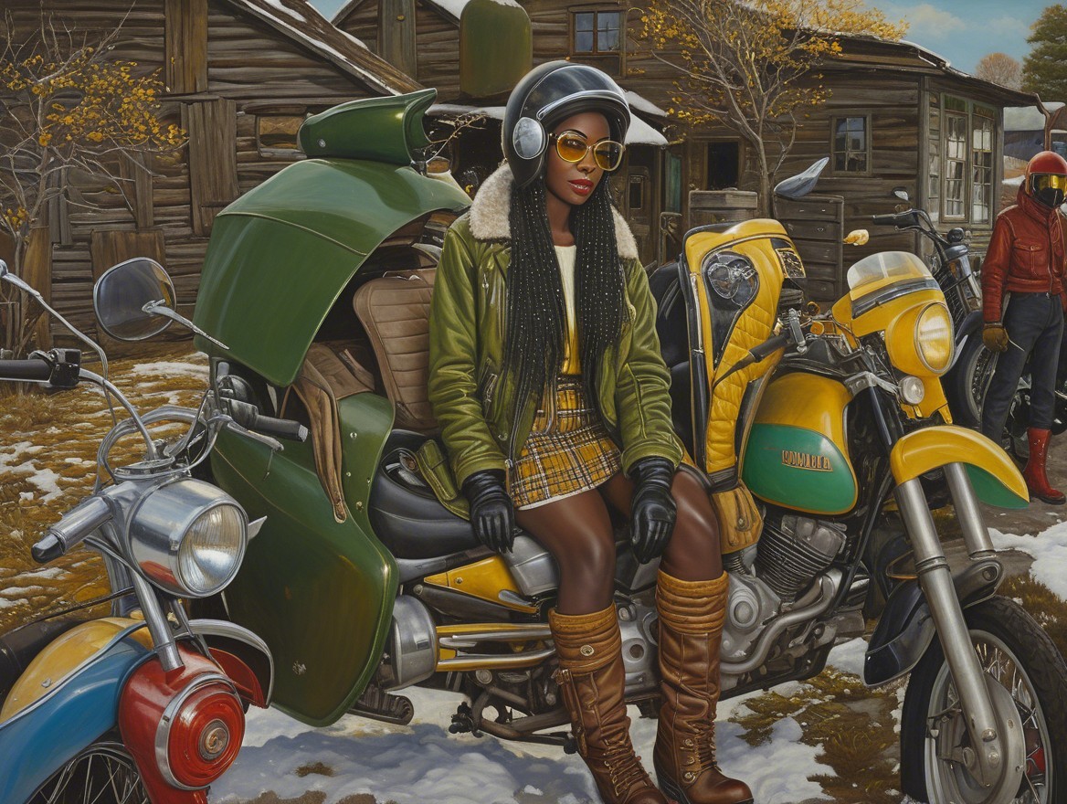 Woman on Vintage Motorcycle in Winter Setting