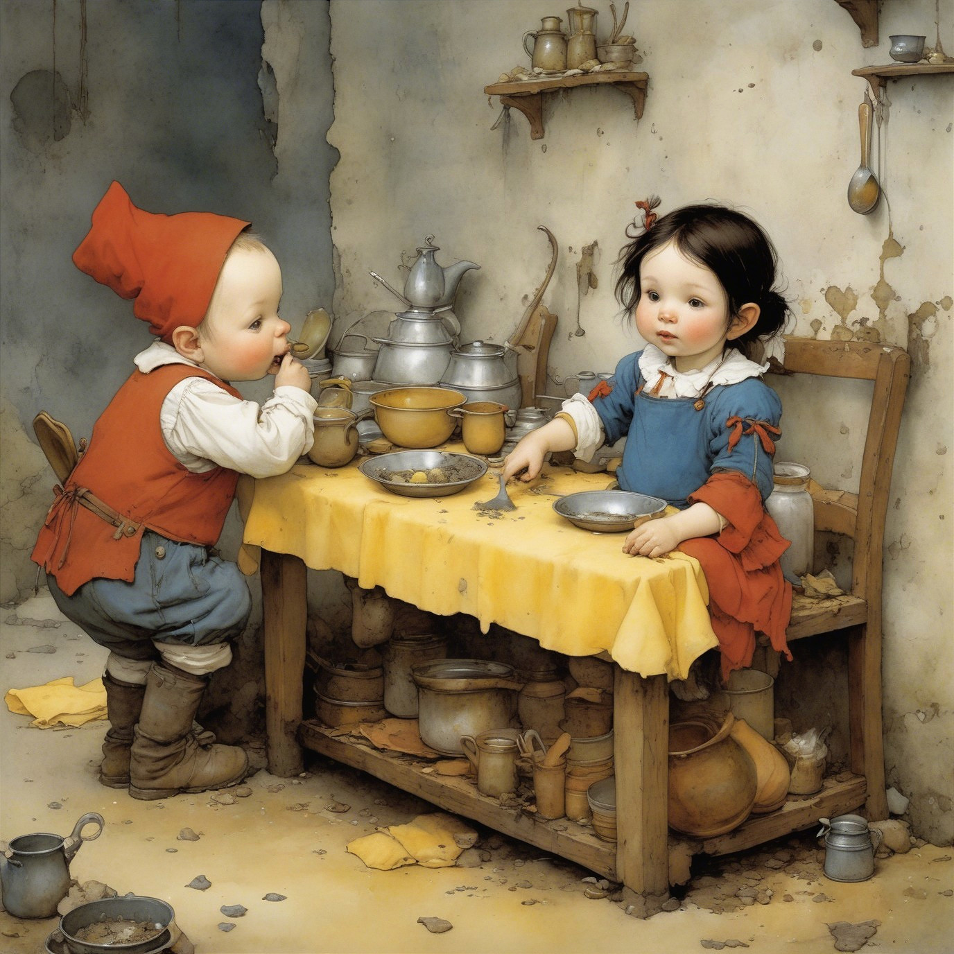 Children in Rustic Kitchen with Wooden Table and Yellow Cloth