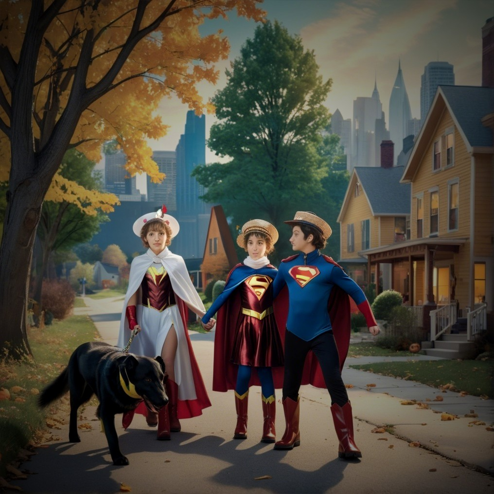 Children in Superhero Costumes with a Dog in Autumn