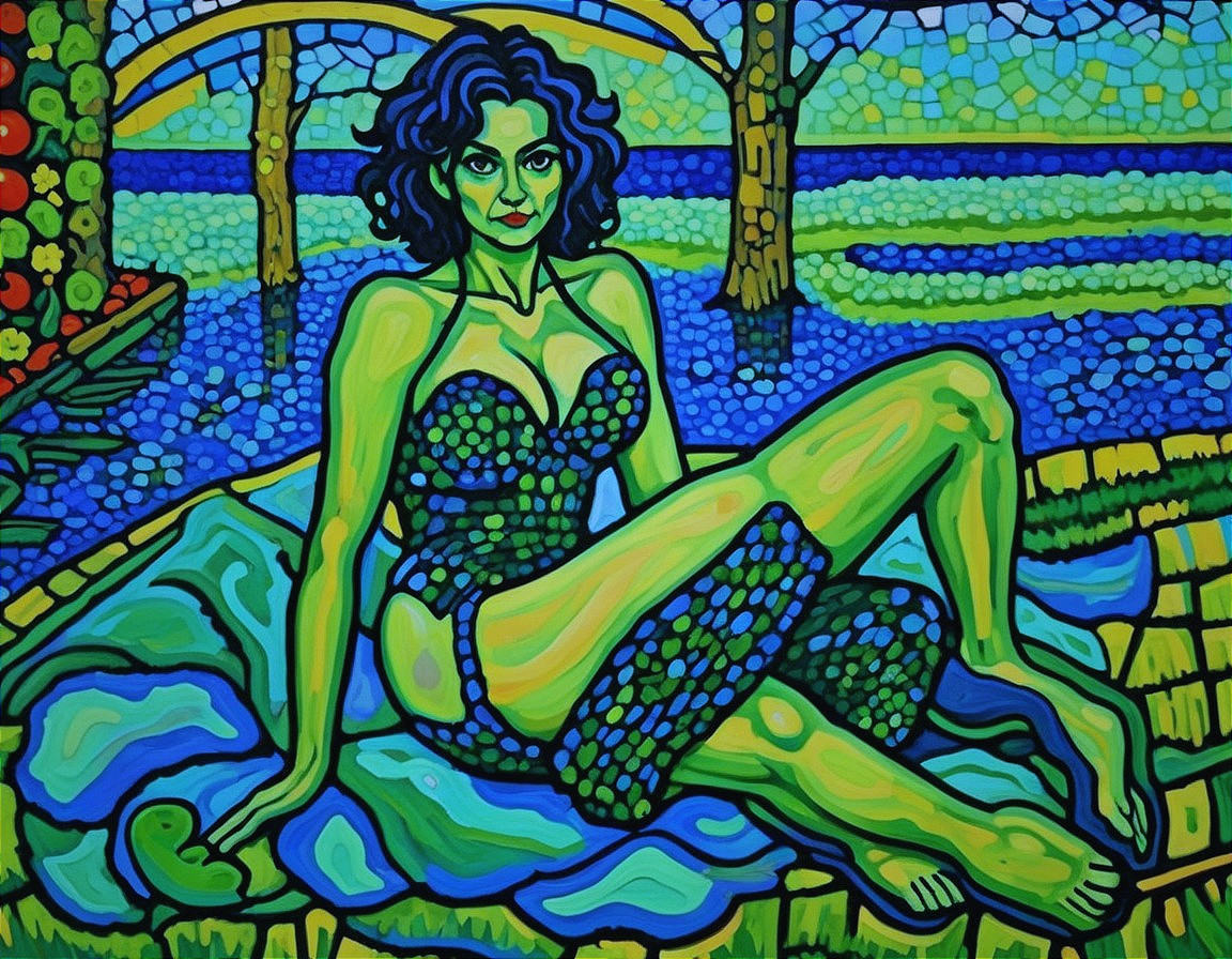 Vibrant Artwork of Woman by Water with Abstract Background