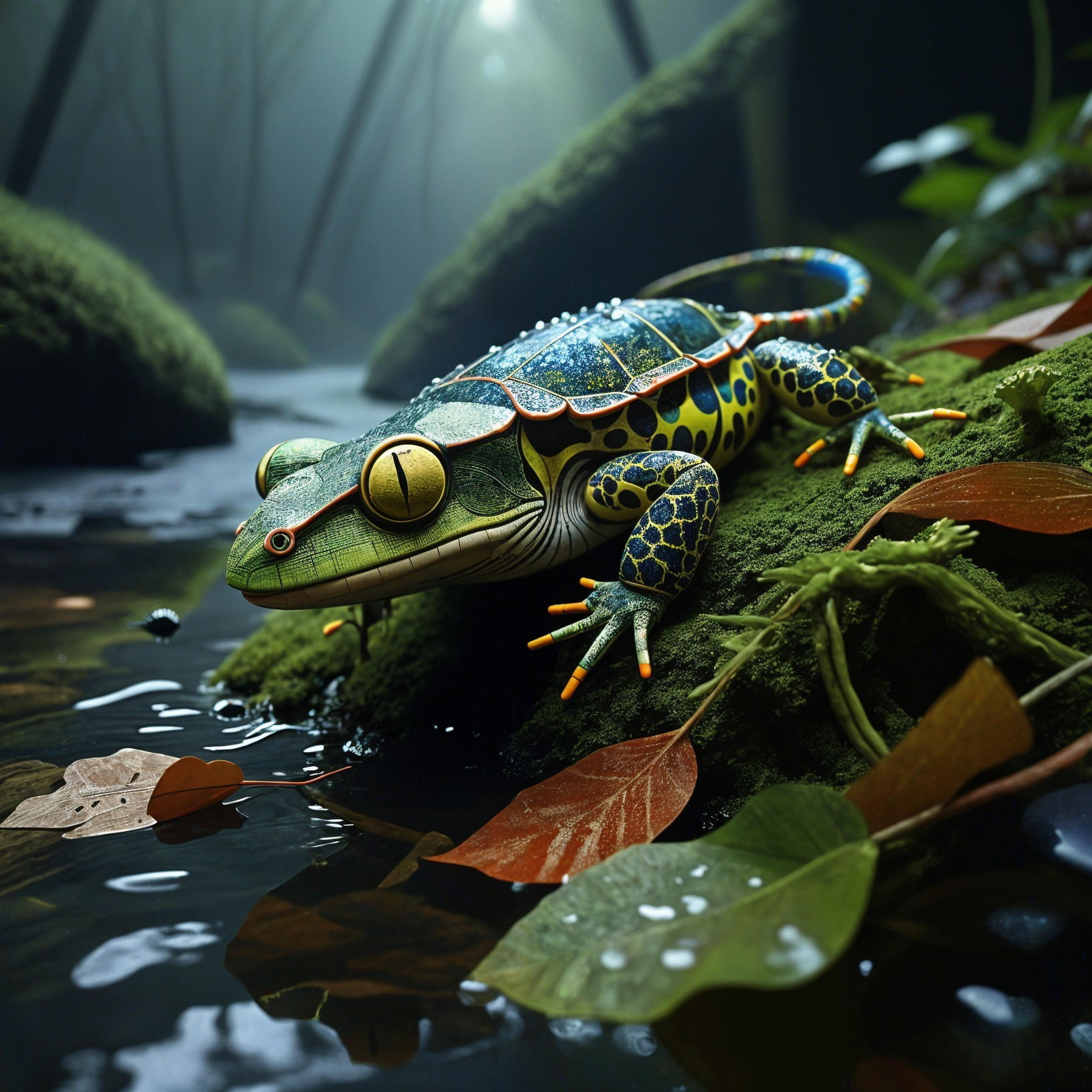 Vibrant Frog on Mossy Rock by Reflective Pond