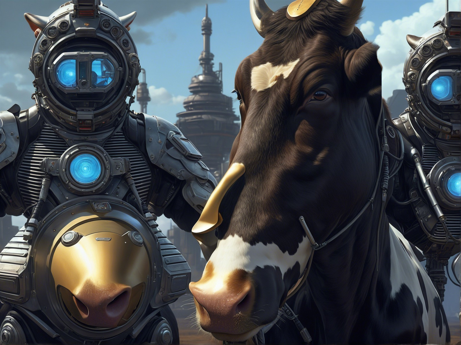 Futuristic Scene with Cow and Humanoid Robots