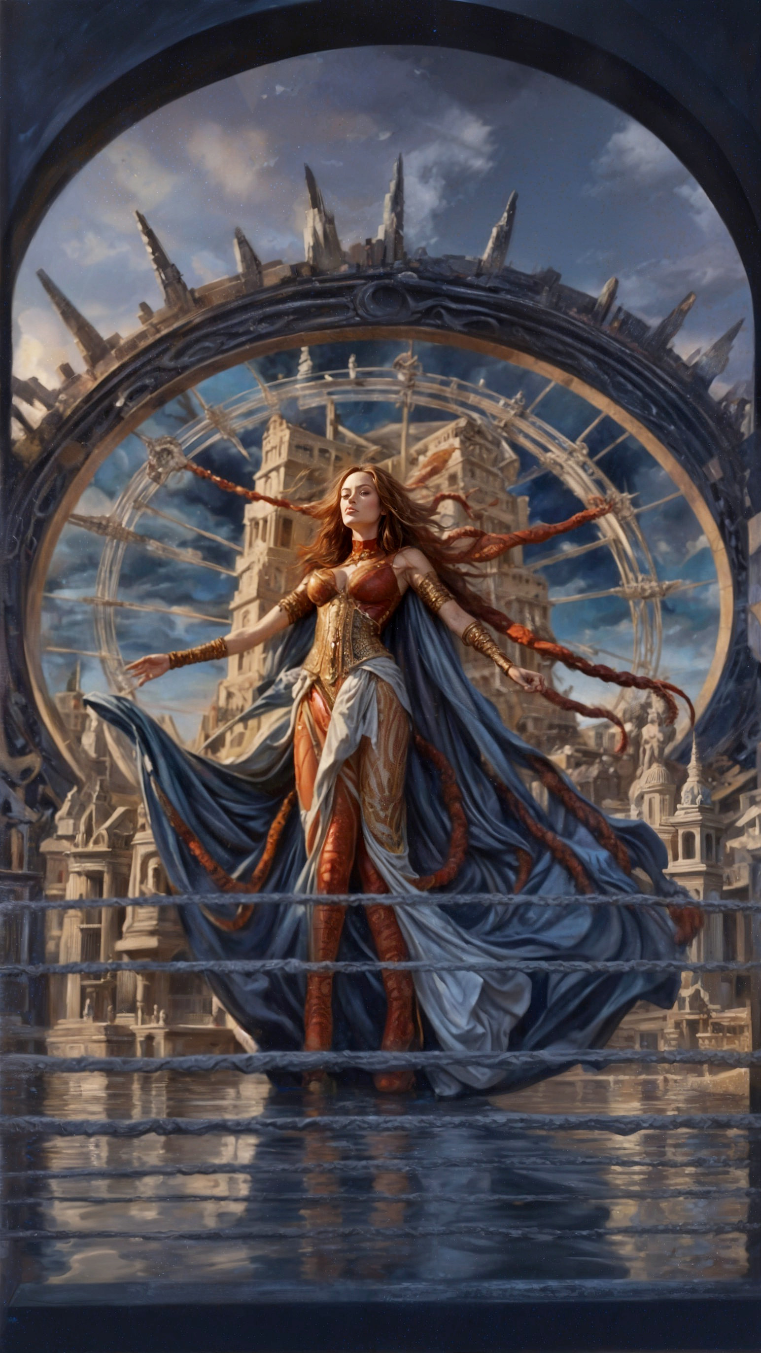 Majestic figure in ornate archway with cityscape backdrop