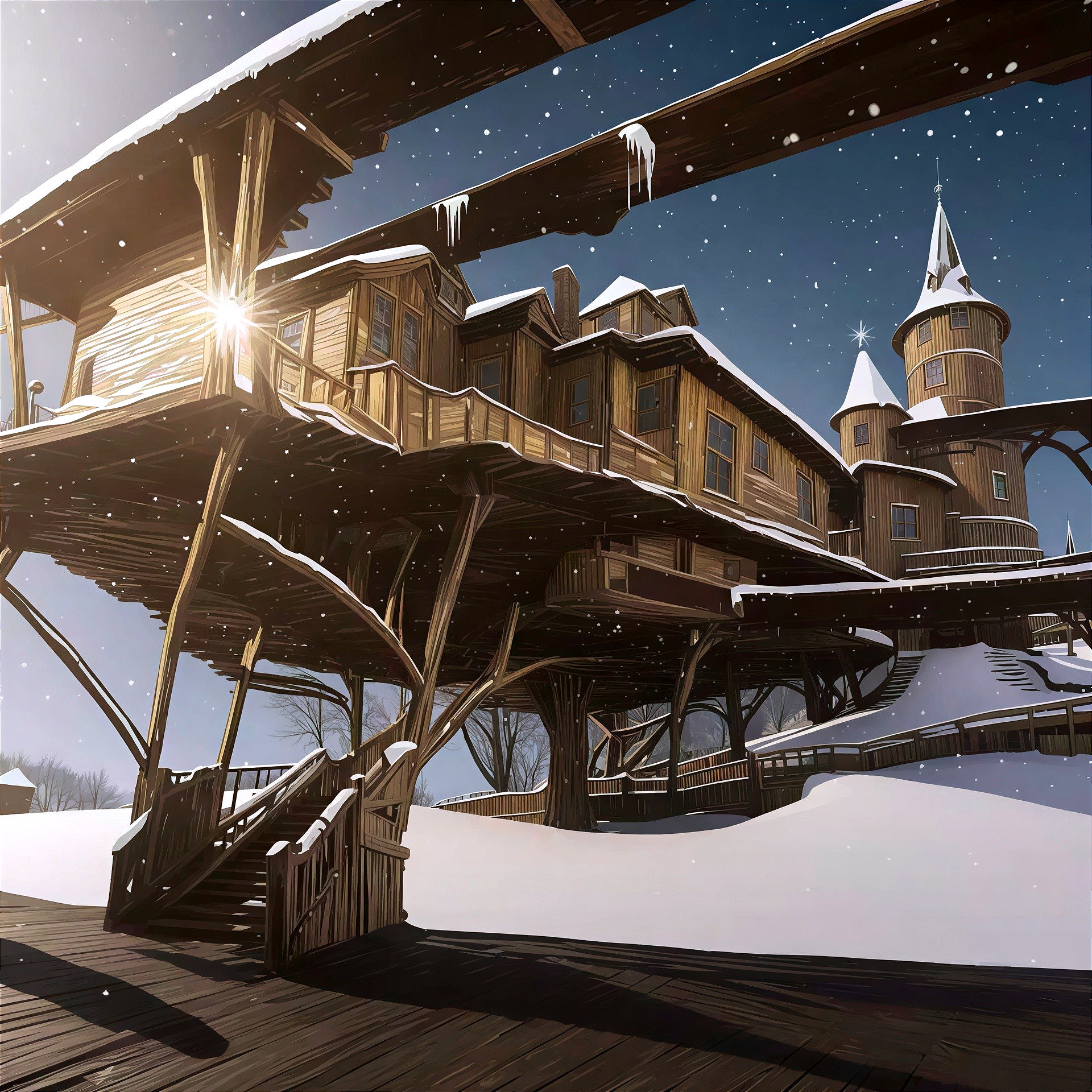 Intricate multi-level wooden treehouse in snow scene