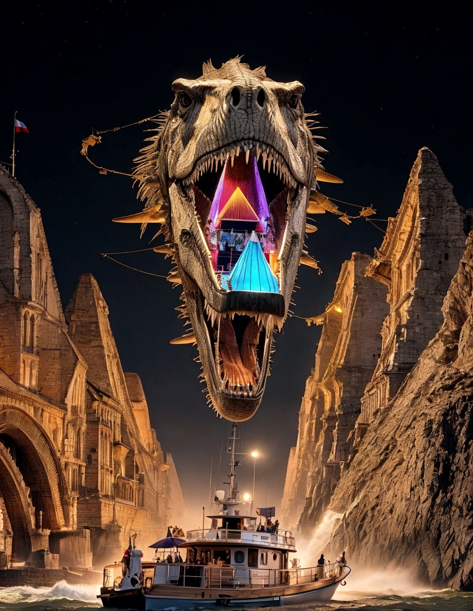 Fantasy Night Scene with T-Rex Head Over Boat