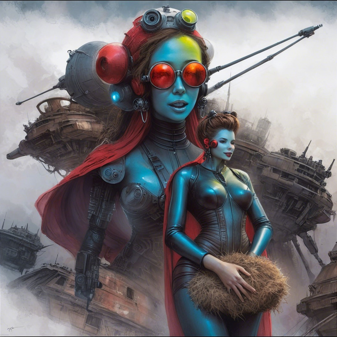 Futuristic Scene with Blue-Skinned Figure and Machinery