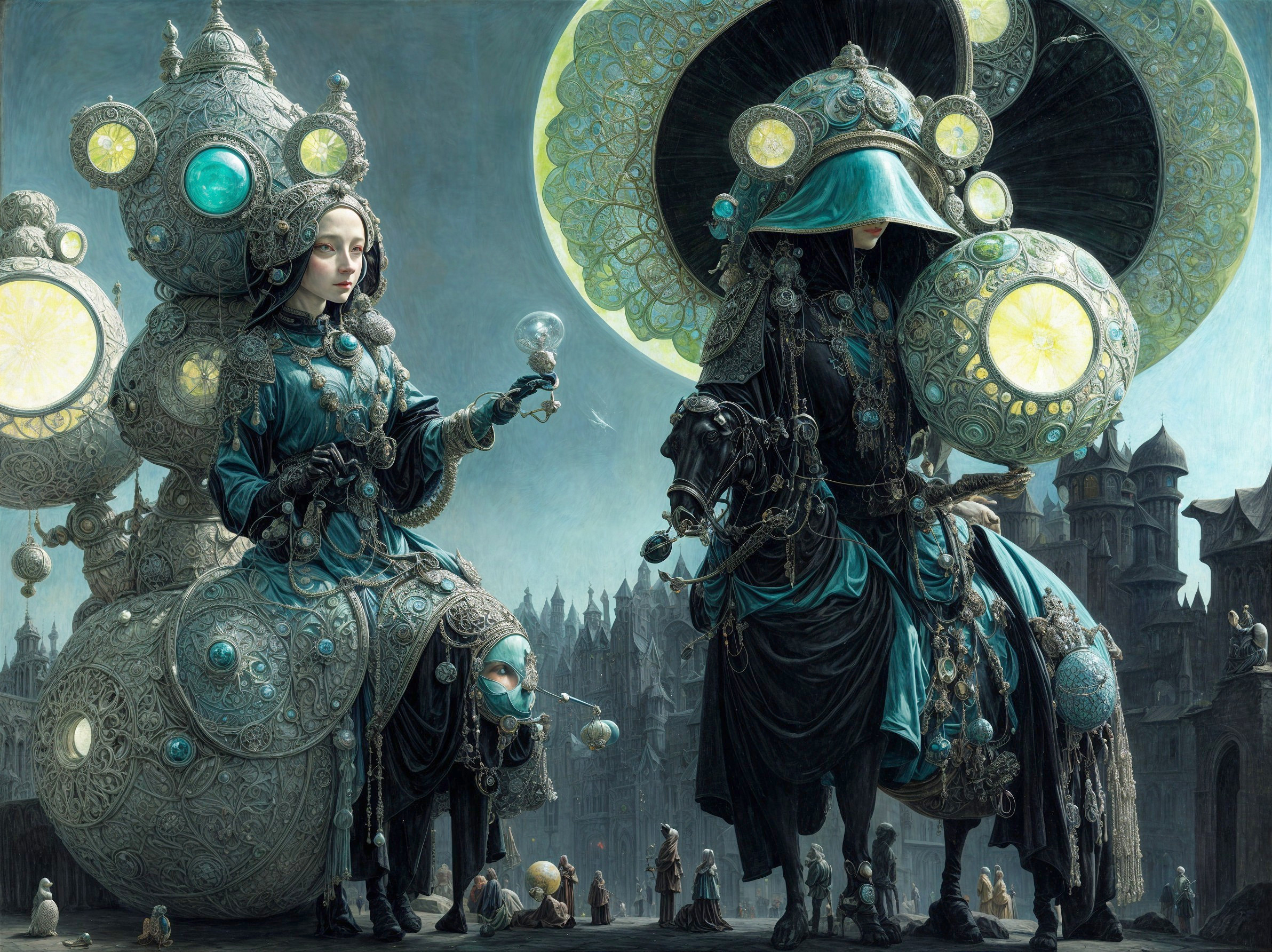 Surreal Cityscape with Ornate Figures and Atmosphere
