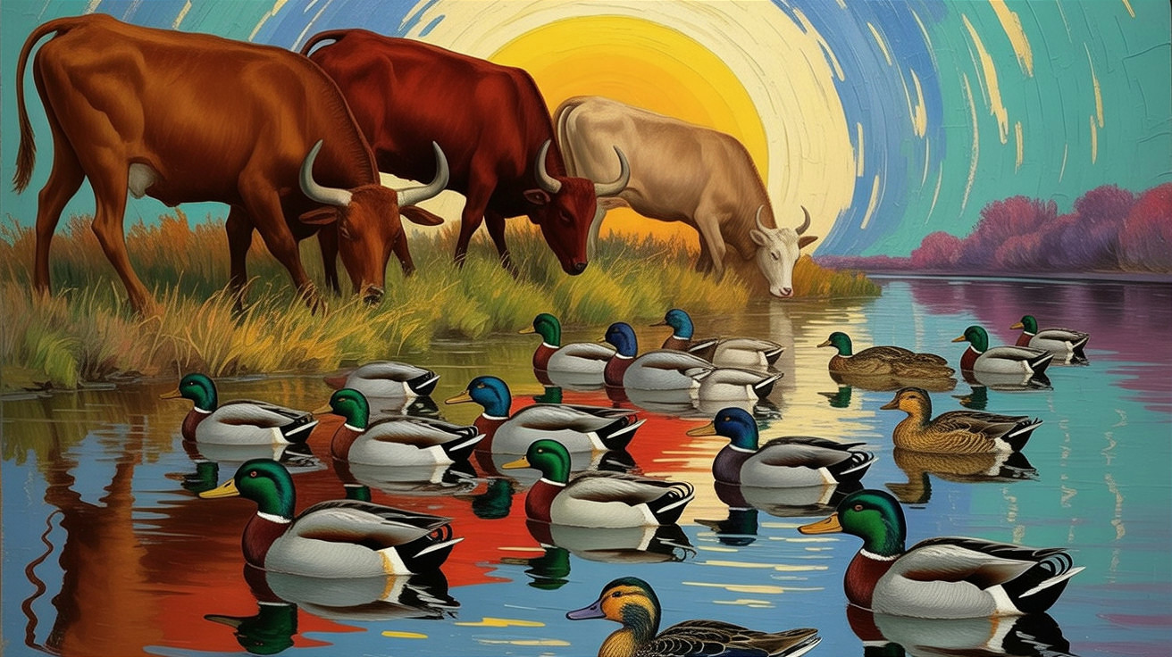 Serene Countryside Scene with Cattle and Ducks