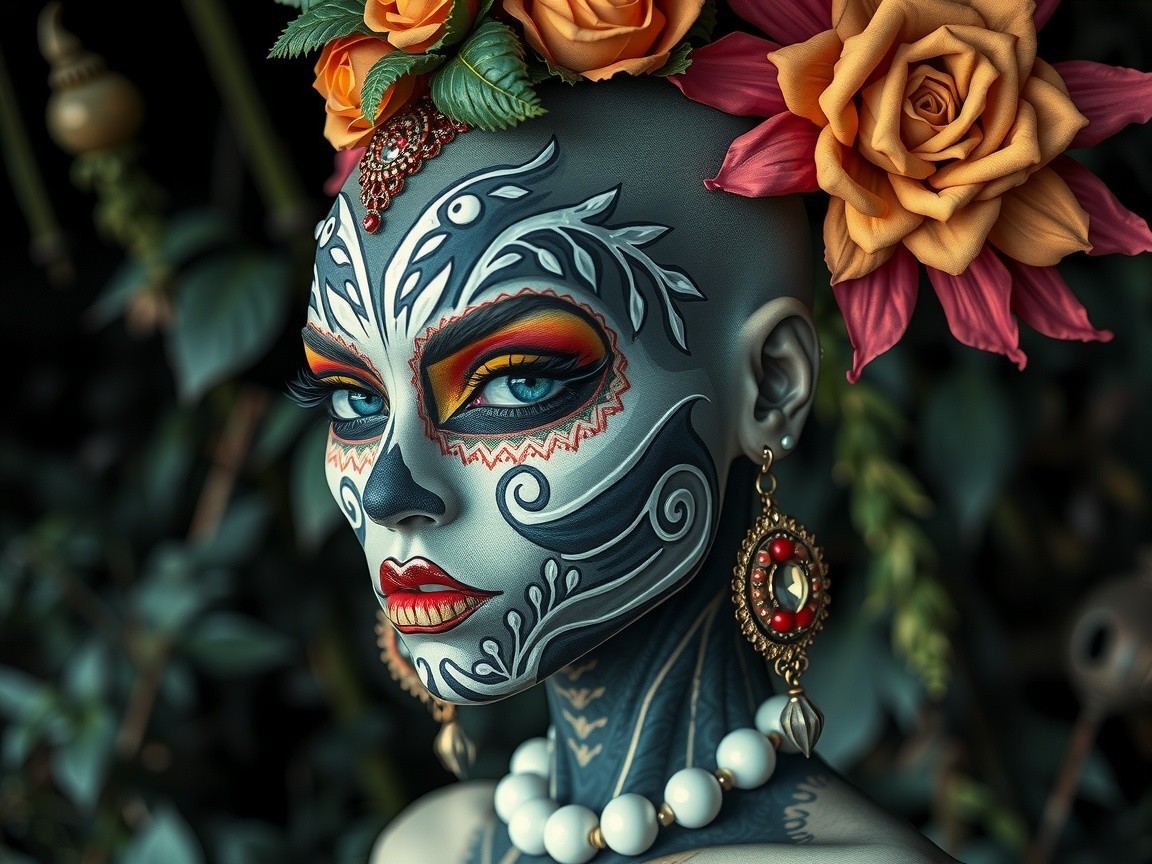 Intricate Face Paint and Floral Accents on Figure