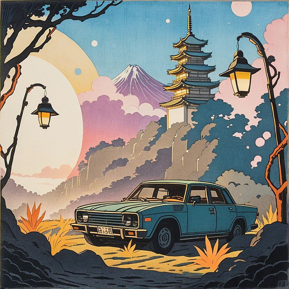 Vintage Blue Car Amidst Scenic Landscape and Pagoda