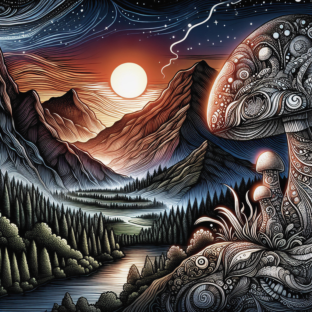 Vibrant Landscape with Mountains and Surreal Twilight Sky