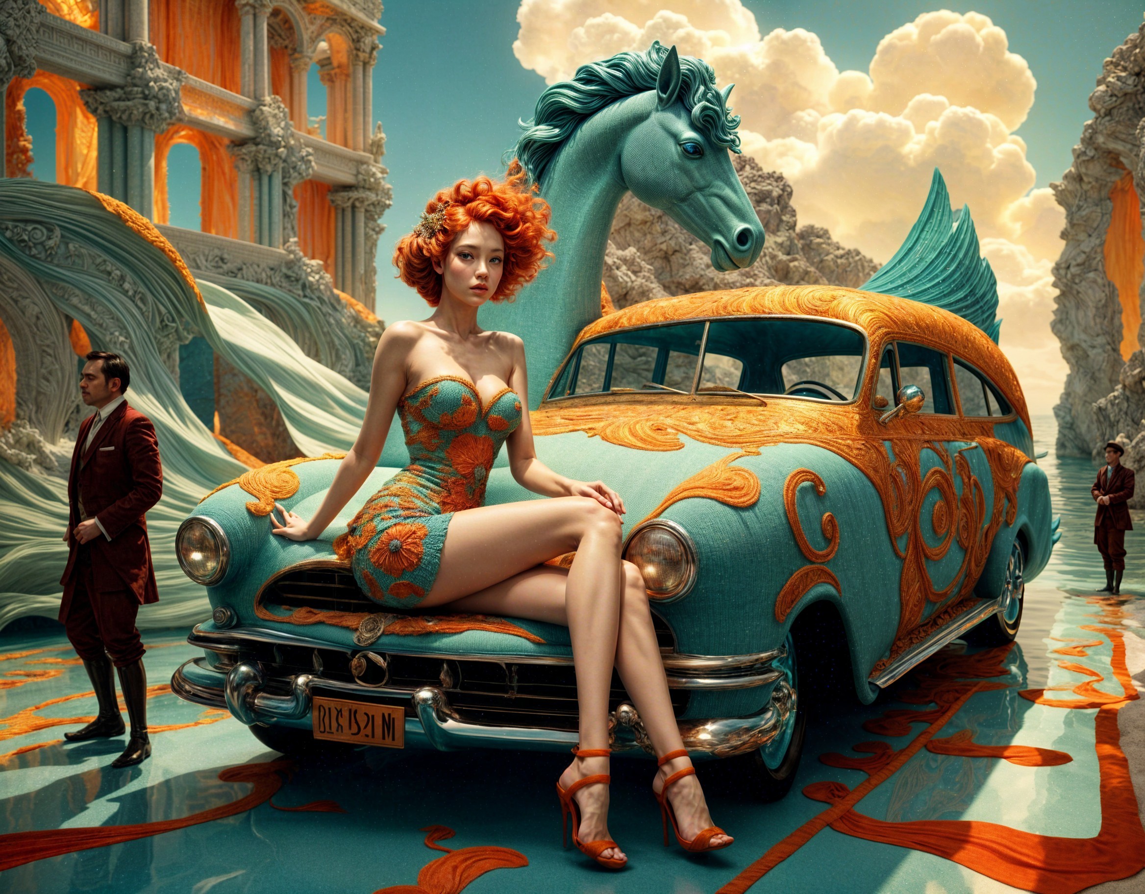 Surreal Scene with Woman, Vintage Car, and Horse Sculpture