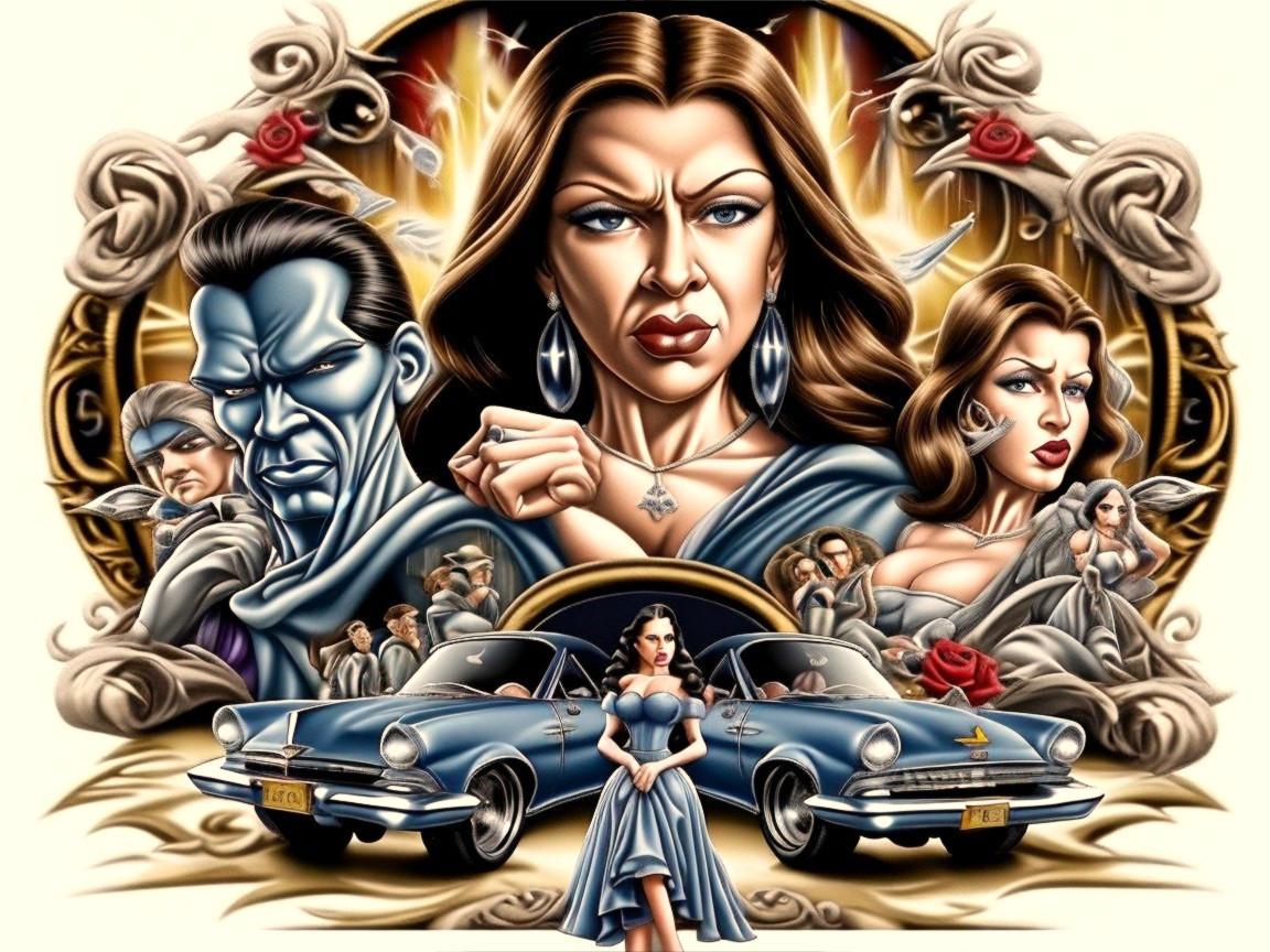 Dramatic Illustration of Vintage Car and Strong Characters