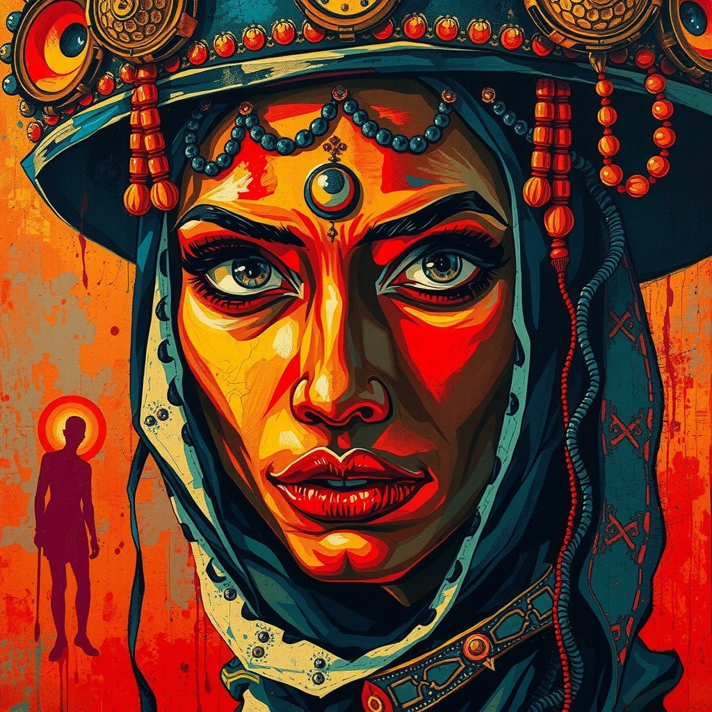 Close-up of a woman with intense eyes and headgear