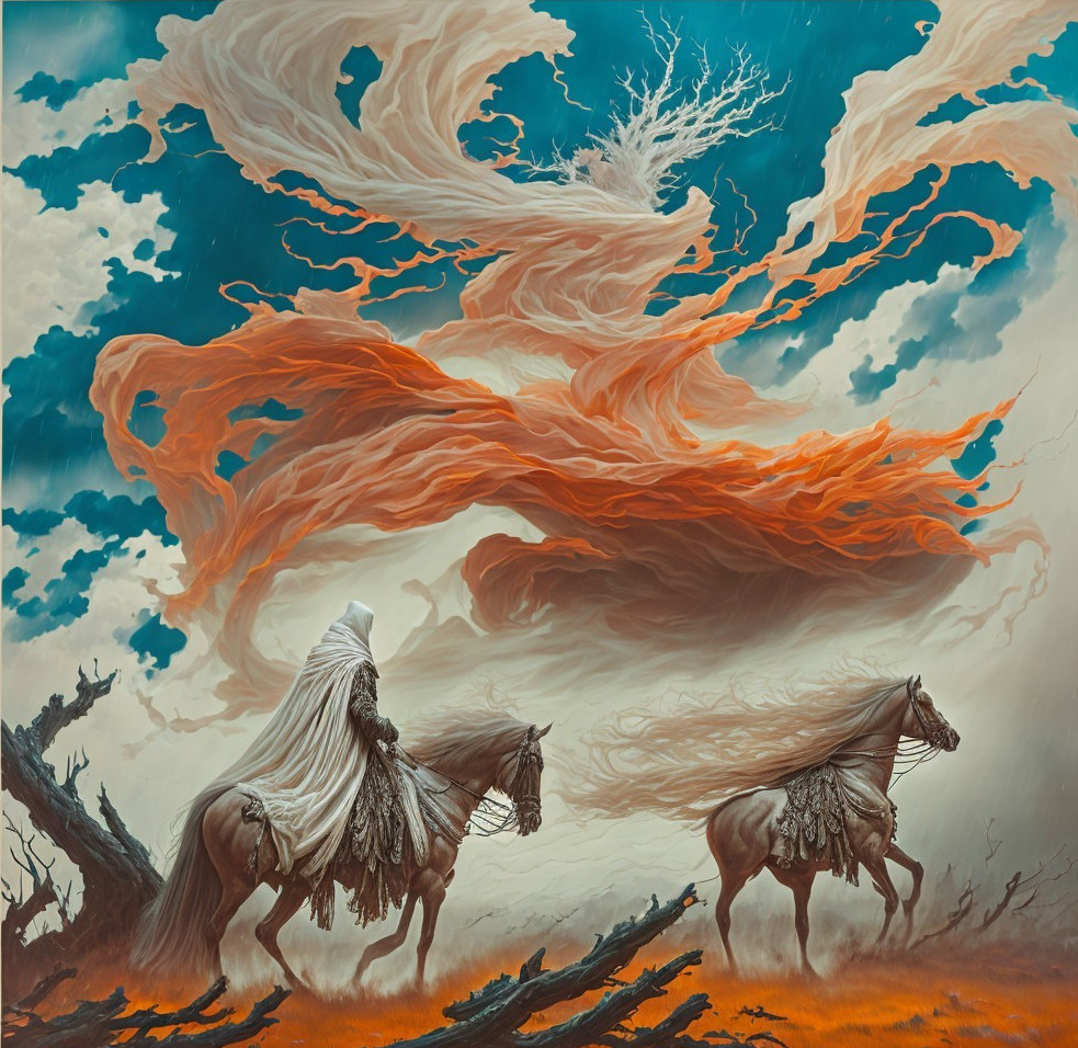Hooded Figures on Horseback in Mystical Landscape