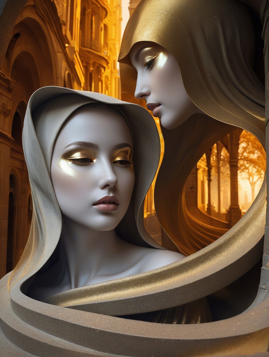 Ethereal Figures in Golden Hoods with Architectural Background