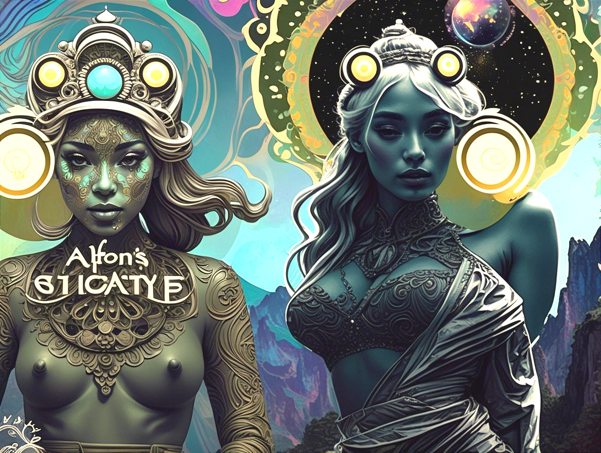 Mystical Figures in Ethereal Garments and Cosmic Setting